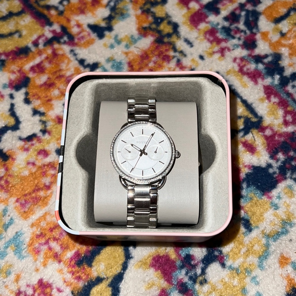 silver fossil watch with rhinestones